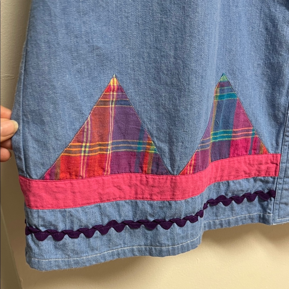 Napa Valley Vintage Denim Blue Midi Skirt Pink Plaid Patchwork Accents Buttons M - Picture 3 of 8